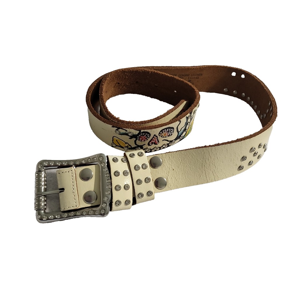 Ed Hardy Leather Belt Rhinestone Skull Buckle White Vintage Y2K EH3140 Medium